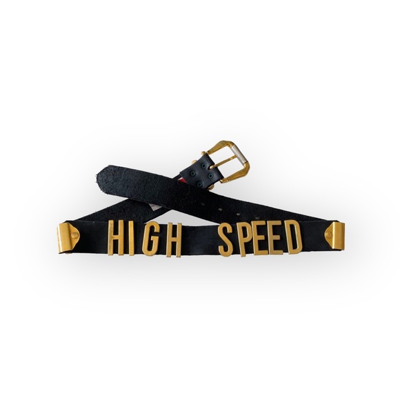Vintage 90’s: High Speed ☻ Gold Letter Belt ☻ Bal Harbour Shops ☻ Black Leather - Picture 1 of 17